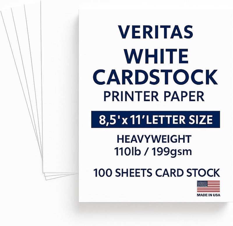 WritePads Veritas White Cardstock 8.5 x 11”, 110LB/199GSM Heavyweight Card Stock, 100 Sheets, Thick Cardstock Printer Paper for Copy, Printing, Art Projects, Invitations, Made In USA - Image 1